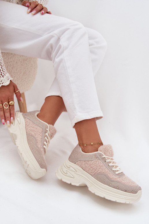 Tenisky model obuvi Dámske s trblietavými otvormi a kožušiny Typu Baranek slonovina Zarika