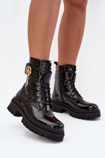 s lakovým efektom Pracovné členkové topánky Dámske Ze zlatej farbym Detalem zahriať sa čierna Fiorena