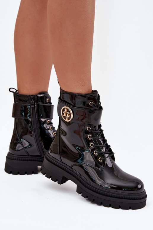 s lakovým efektom Pracovné členkové topánky Dámske Ze zlatej farbym Detalem zahriať sa čierna Fiorena