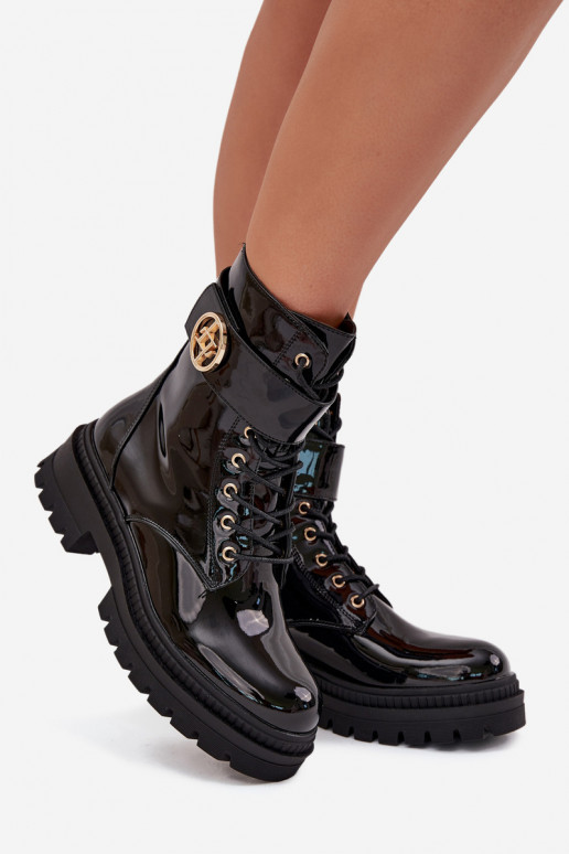 s lakovým efektom Pracovné členkové topánky Dámske Ze zlatej farbym Detalem zahriať sa čierna Fiorena