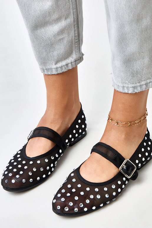 Čierne sieťované baleríny s kryštálmi...