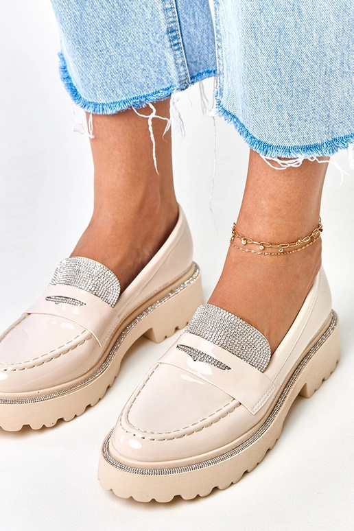 Pieskové lakované mokasíny zdobené...