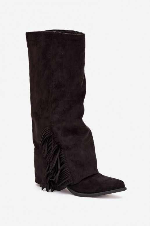 Nazúvacie dámske vysoké kovbojské čižmy so strapcami a podpätkom, čierne Zalia