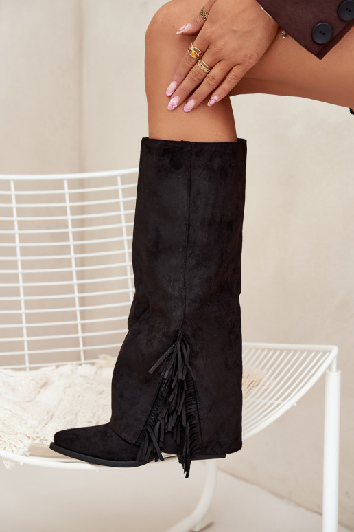 Nazúvacie dámske vysoké kovbojské čižmy so strapcami a podpätkom, čierne Zalia