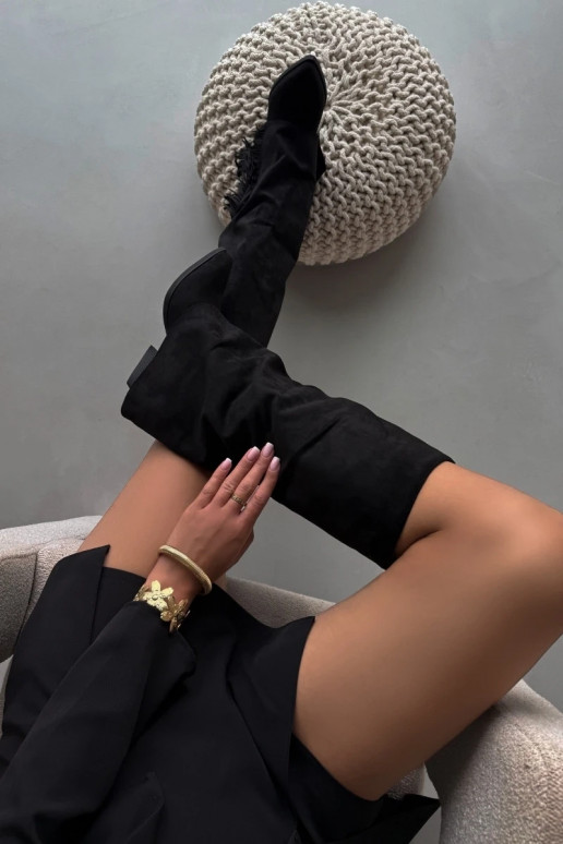 Nazúvacie dámske vysoké kovbojské čižmy so strapcami a podpätkom, čierne Zalia