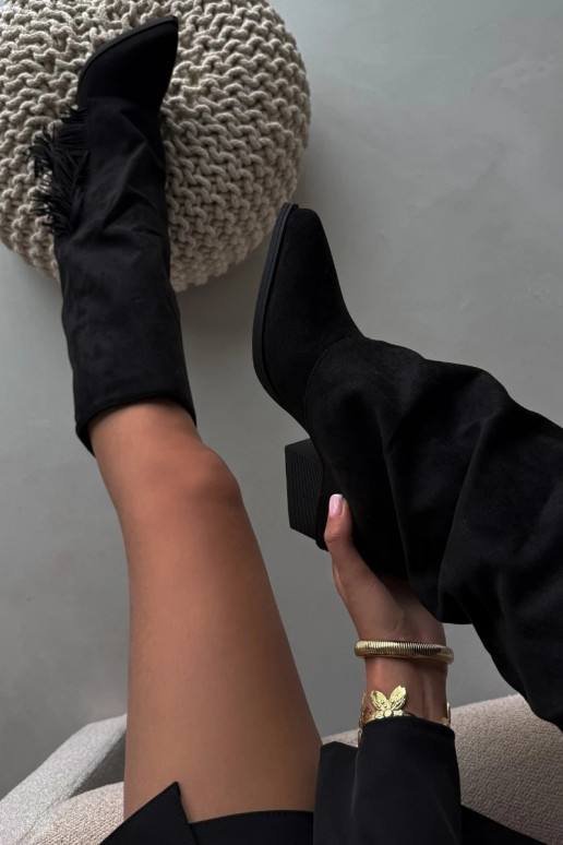 Nazúvacie dámske vysoké kovbojské čižmy so strapcami a podpätkom, čierne Zalia