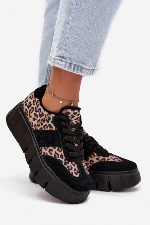 zo semišu zahriať sa Tenisky model obuvi Dámske s platformou Vinceza 66841 so vzormi leopardej kožušiny čierna