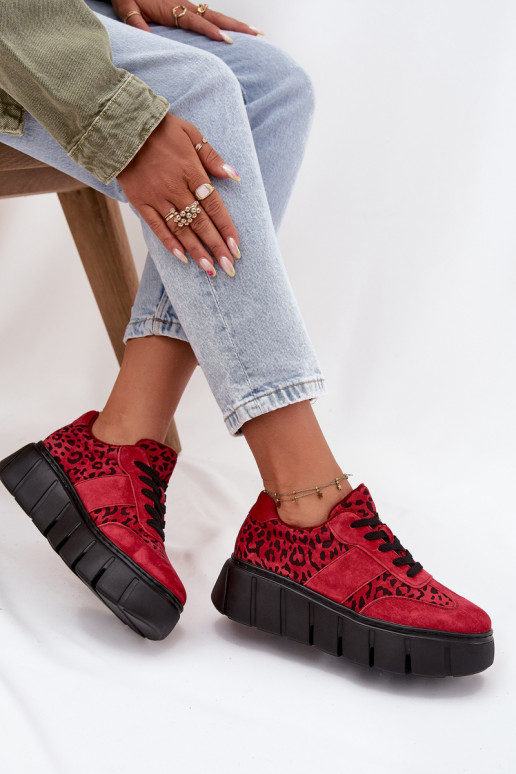 zo semišu zahriať sa Tenisky model obuvi Dámske s platformou Vinceza 66841 so vzormi leopardej kožušiny červená