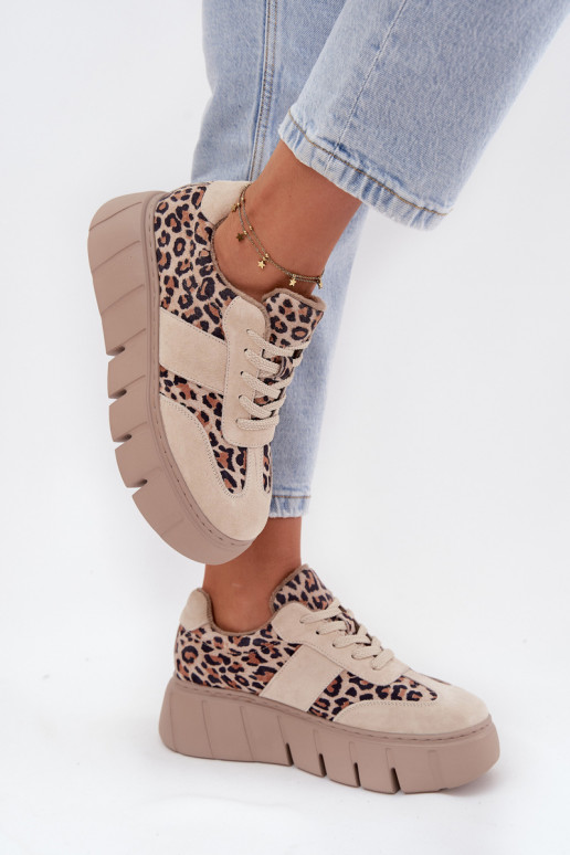 zo semišu zahriať sa Tenisky model obuvi Dámske s platformou Vinceza 66841 so vzormi leopardej kožušiny béžová