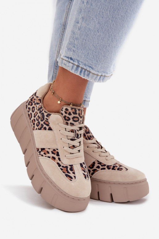zo semišu zahriať sa Tenisky model obuvi Dámske s platformou Vinceza 66841 so vzormi leopardej kožušiny béžová