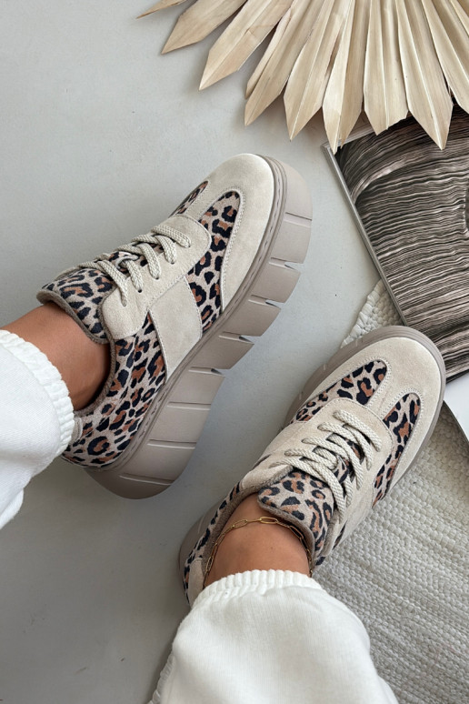 zo semišu zahriať sa Tenisky model obuvi Dámske s platformou Vinceza 66841 so vzormi leopardej kožušiny béžová