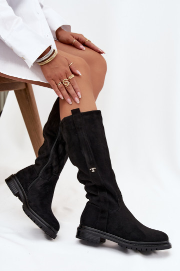 Teplé čižmy Zapnuté płaskim Obcasie z eko semišuoIne čierna Delyssa