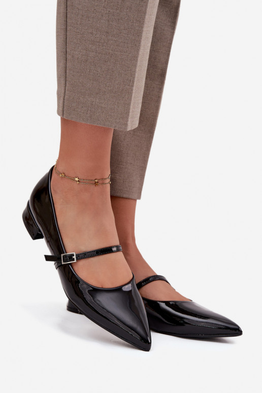 Lakované balerínky Zapnuté Jemném Obcasie s popruhmi čierna Isvella Lakované balerínky Zapnuté Jemném Obcasie s popruhmi čierna Isvella