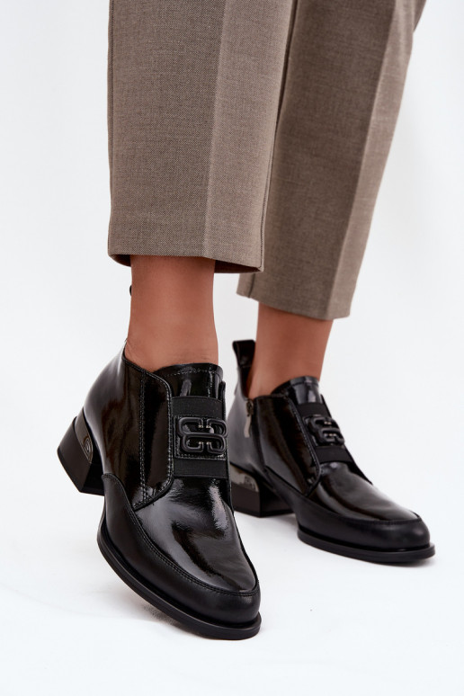 s lakovým efektom Kožené topánky Dámske Zapnuté nízkom opätku S Ornatem Detalem Vinceza 91161 čierna