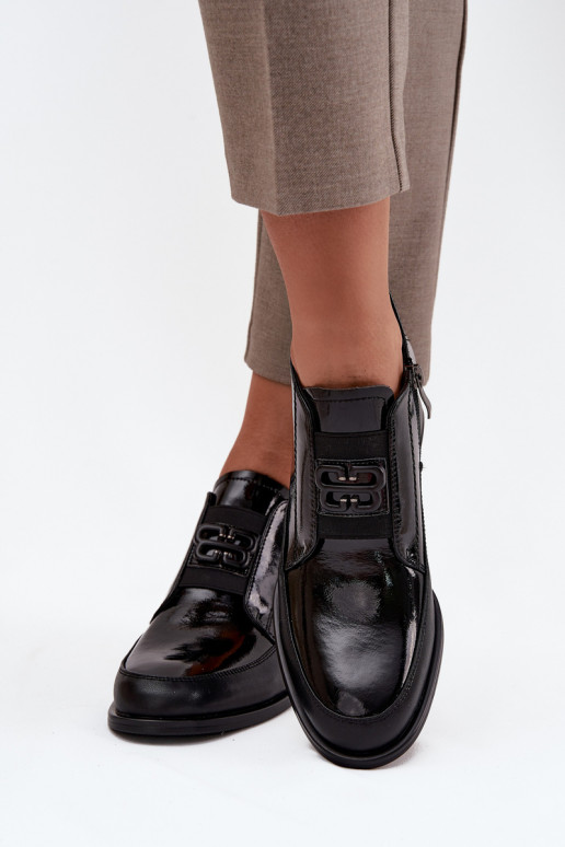 s lakovým efektom Kožené topánky Dámske Zapnuté nízkom opätku S Ornatem Detalem Vinceza 91161 čierna