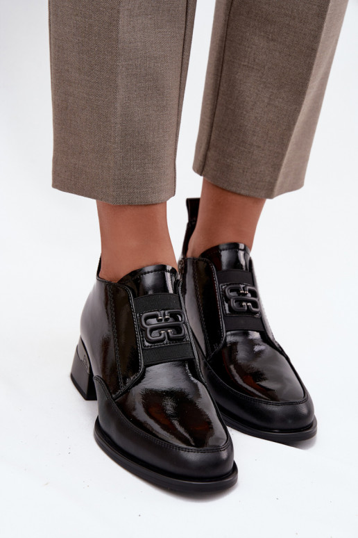 s lakovým efektom Kožené topánky Dámske Zapnuté nízkom opätku S Ornatem Detalem Vinceza 91161 čierna