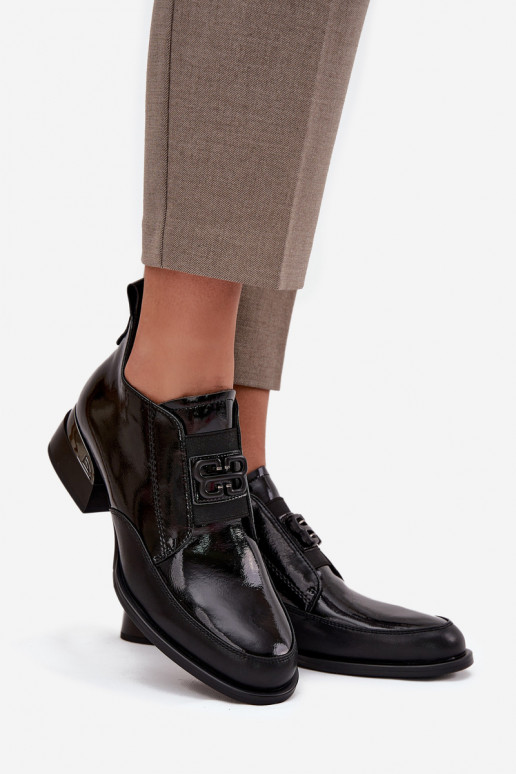 s lakovým efektom Kožené topánky Dámske Zapnuté nízkom opätku S Ornatem Detalem Vinceza 91161 čierna