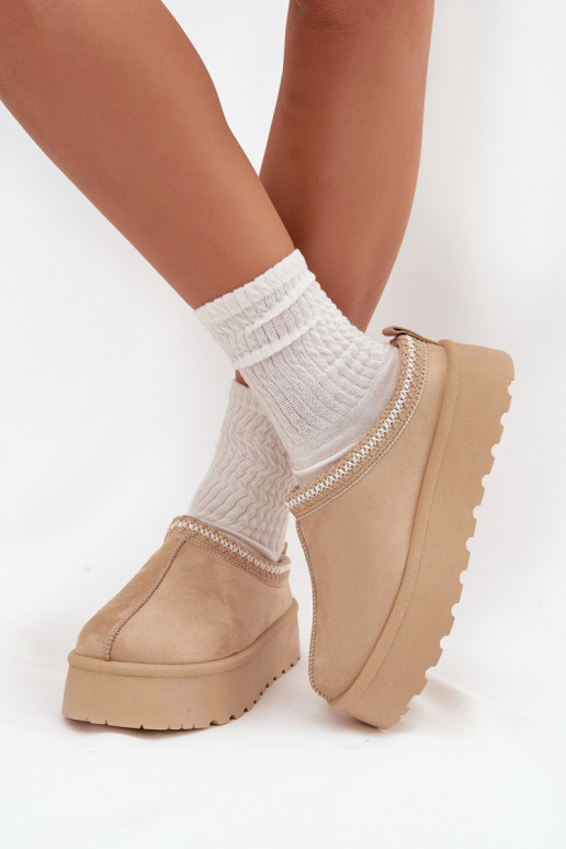 Topánky farby slonoviny Įjungtarirya s nízkym podpätkom a platformou pre ženy na sneh s kožušinou