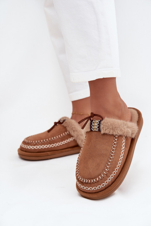 Papuče Dámske s kožušinou I Haftem Hnedá farba Perivelle