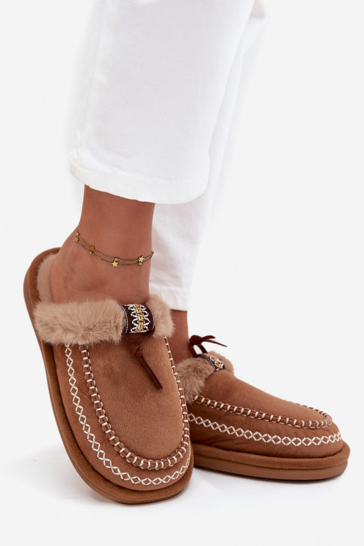 Papuče Dámske s kožušinou I Haftem Hnedá farba Perivelle