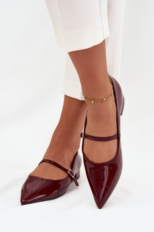 Lakované balerínky Zapnuté Jemném Obcasie s popruhmi bordová Isvella Lakované balerínky Zapnuté Jemném Obcasie s popruhmi bordová Isvella