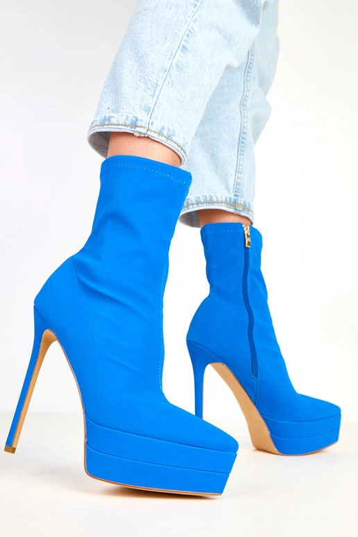 Modré saténové čižmy na podpätku s...