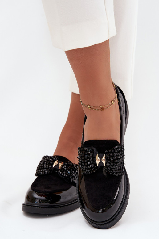 Lakovane mokasíny Dámske s mašľami S.Barski HY51-319 čiernej farby Lakovane mokasíny Dámske s mašľami S.Barski HY51-319 čiernej farby