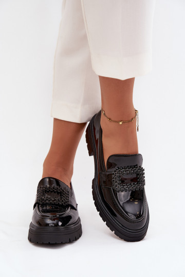 s lakovým efektom topánky dámske mokasíny ozdobiť s prackami čierna Luvianne