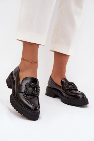s lakovým efektom topánky dámske mokasíny ozdobiť s prackami čierna Luvianne 2