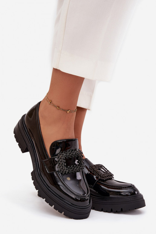 s lakovým efektom topánky dámske mokasíny ozdobiť s prackami čierna Luvianne