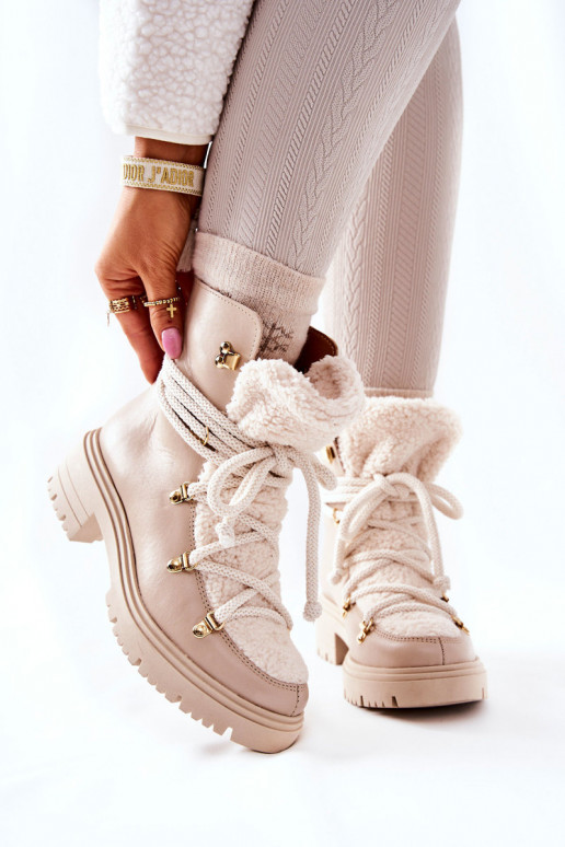 Kožené Čižmy topánky s popruhmi LeInski slonovina 3116 Kožené Čižmy topánky s popruhmi LeInski slonovina 3116