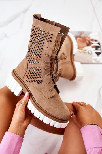 Kožené Vysoká Pracovné členkové topánky Nicole Hnedá farba 2706 2