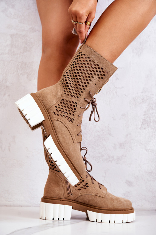 Kožené Vysoká Pracovné členkové topánky Nicole Hnedá farba 2706