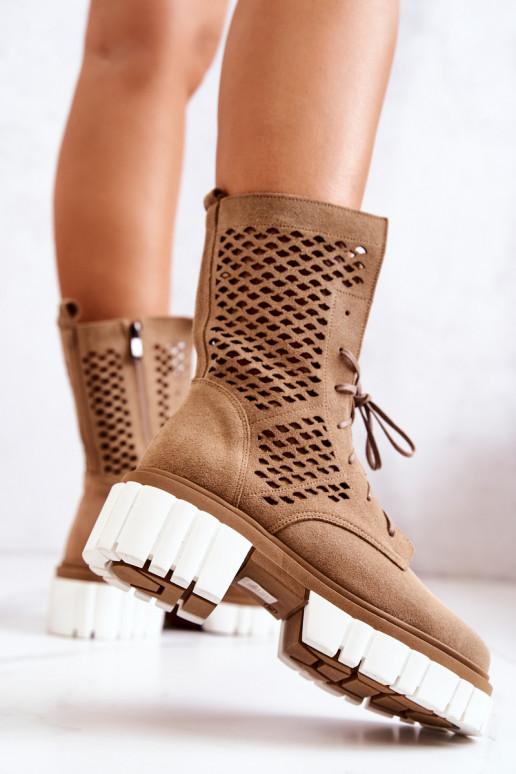 Kožené Vysoká Pracovné členkové topánky Nicole Hnedá farba 2706