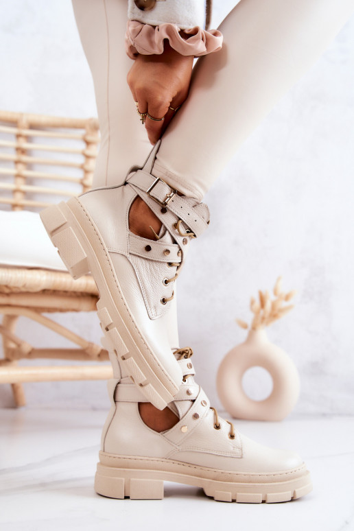 Kožené Dámske Čižmy S výrezmi slonovina Everly Kožené Dámske Čižmy S výrezmi slonovina Everly