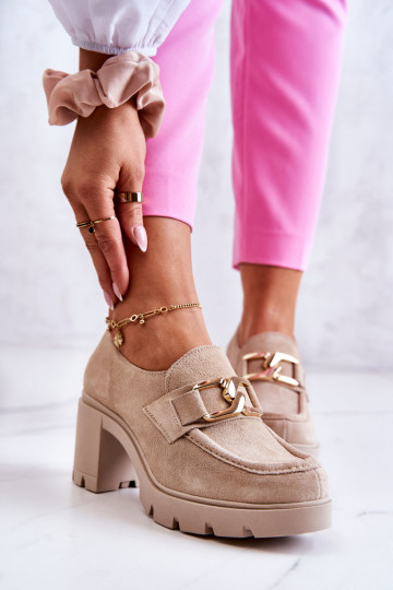 Elegantný štýl topánky s podpätkami so zlatými detailmi slonovina Lemar Harmell