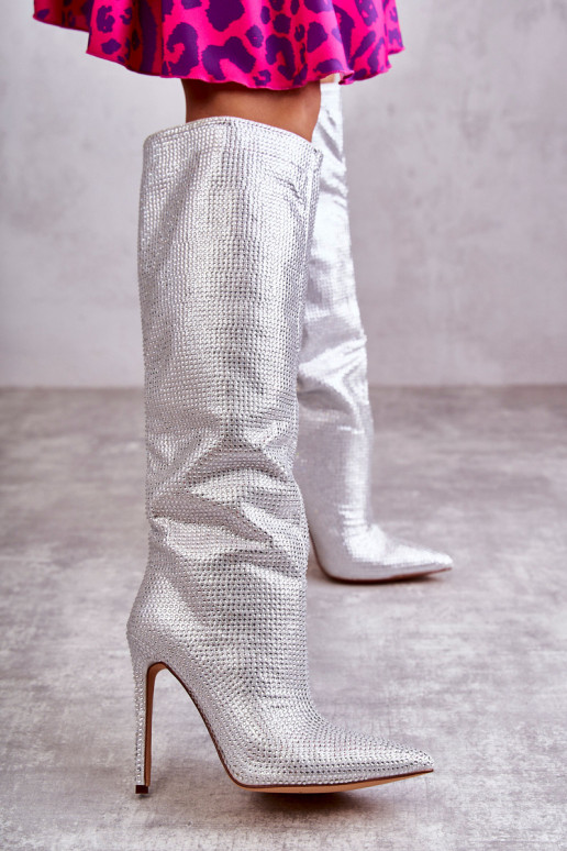 Módne čižmy s tenkými podpätkami s trblietavými otvormi strieborná farba Lovisa Módne čižmy s tenkými podpätkami s trblietavými otvormi strieborná farba Lovisa