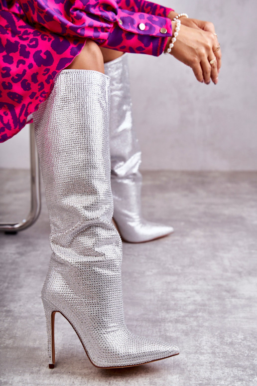 Módne čižmy s tenkými podpätkami s trblietavými otvormi strieborná farba Lovisa Módne čižmy s tenkými podpätkami s trblietavými otvormi strieborná farba Lovisa