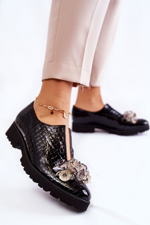 Elegantný štýl s lakovým efektom topánky s ozdobami s krokodílom čierna Cindy Elegantný štýl s lakovým efektom topánky s ozdobami s krokodílom čierna Cindy