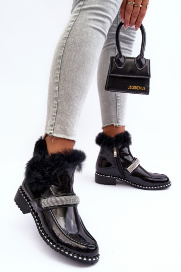 Nízka Čižmy s lakovým efektom s kožušinou A Dekorácia S.Barski MR870-74 čierna 2
