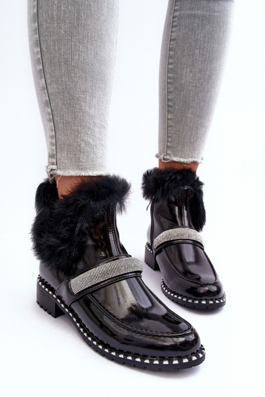 Nízka Čižmy s lakovým efektom s kožušinou A Dekorácia S.Barski MR870-74 čierna Nízka Čižmy s lakovým efektom s kožušinou A Dekorácia S.Barski MR870-74 čierna