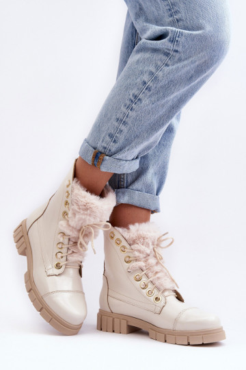 Kožené Dámske čižmy s kožušinou slonovina LeInski 3296