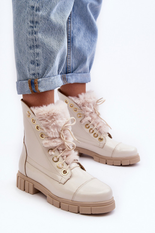 Kožené Dámske čižmy s kožušinou slonovina LeInski 3296 Kožené Dámske čižmy s kožušinou slonovina LeInski 3296