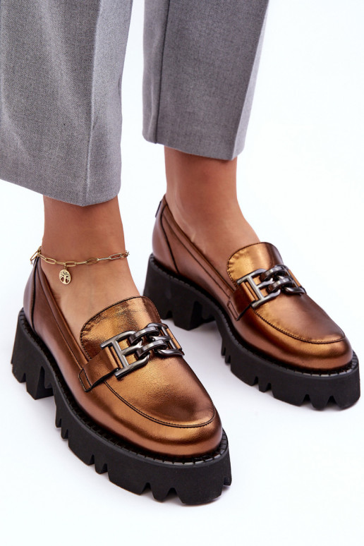 Dámske Kožené topánky Mokasíny s ozdobami Laura Messi 2699 zlatej farby Dámske Kožené topánky Mokasíny s ozdobami Laura Messi 2699 zlatej farby