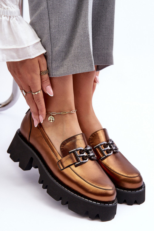 Dámske Kožené topánky Mokasíny s ozdobami Laura Messi 2699 zlatej farby Dámske Kožené topánky Mokasíny s ozdobami Laura Messi 2699 zlatej farby