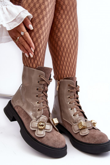 Módne Dámske Čižmy so zipsami s krásnymi detailmi D&A MR870-76 sivá-Hnedá farba