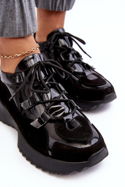 Kožené s lakovým efektom tenisky Dámske M01/2 Zazoo čierna Kožené s lakovým efektom tenisky Dámske M01/2 Zazoo čierna