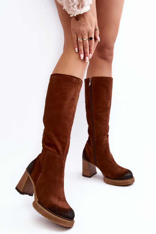 zo semišu dámske čižmy s podpätkami Pred kolenom Lemar tmavohnedá Ceraxa