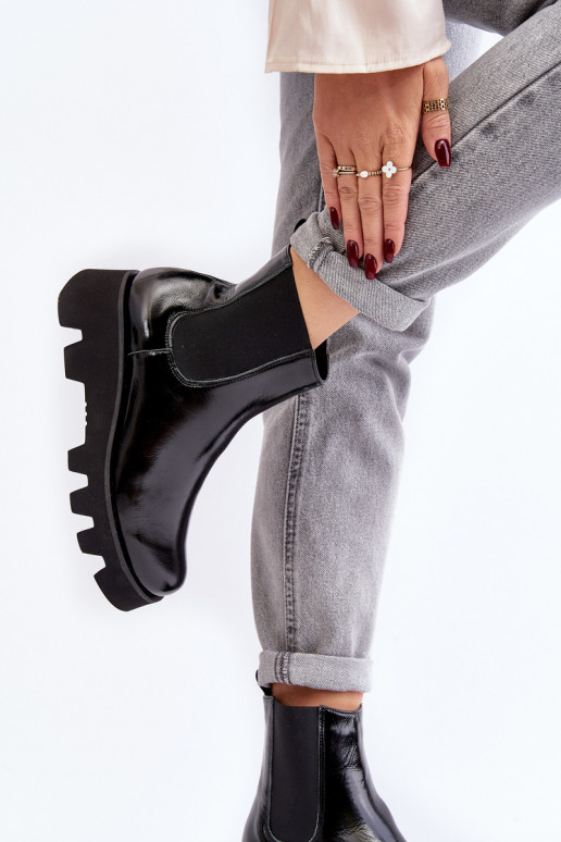 štýlové čižmy Dámske Kožené s trendovou masívnou podrážkou Laura Messi 2571 čierna