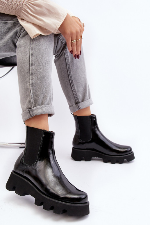 štýlové čižmy Dámske Kožené s trendovou masívnou podrážkou Laura Messi 2571 čierna